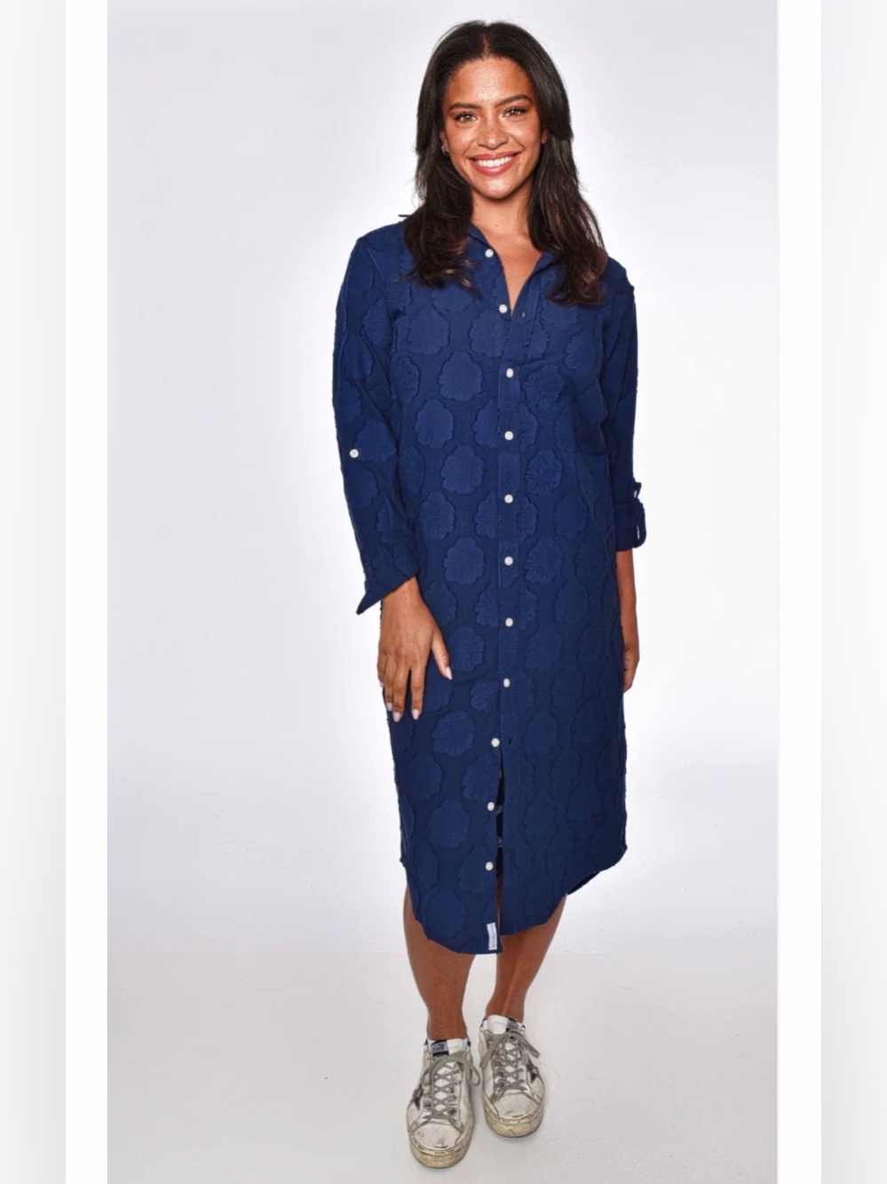 Emily Phillips Nashville Navy Textured Button-Up Cotton Midi Dress. Size 3/Small